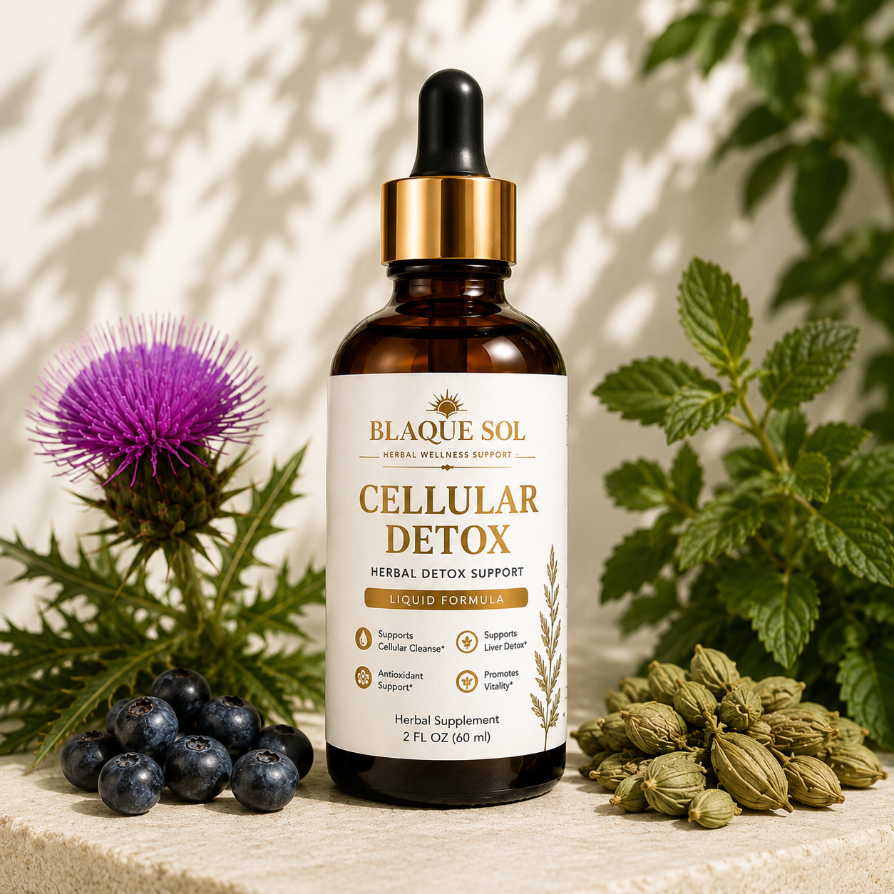 Blaque Sol Cellular Detox herbal supplement with white decorative botanical background