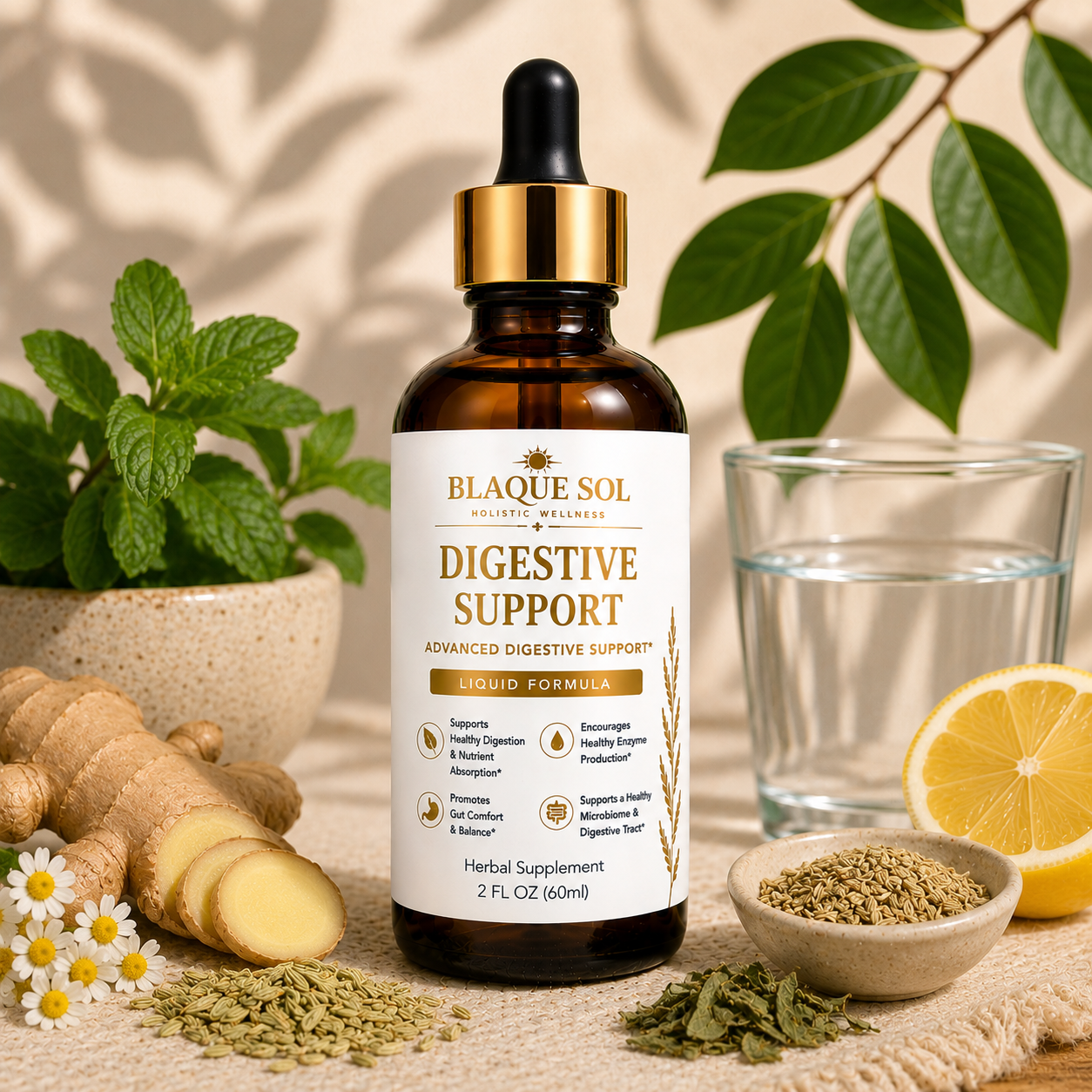 Blaque Sol Digestive Detox Max / Digestive Support product image with white decorative background