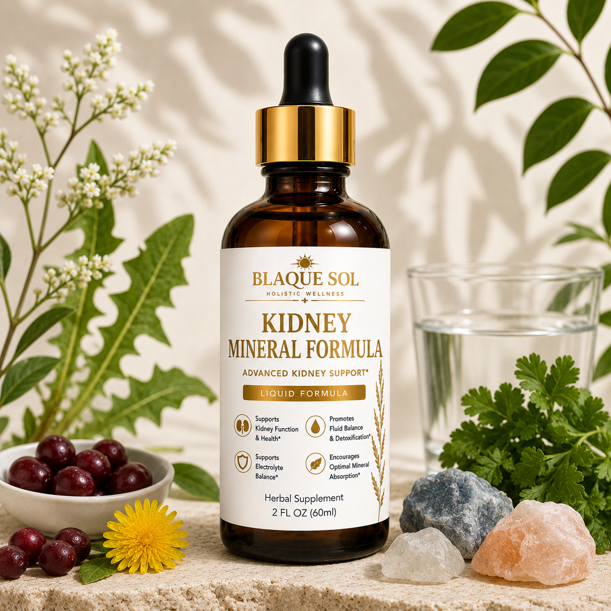 Blaque Sol Kidney Mineral Formula product image with white decorative background