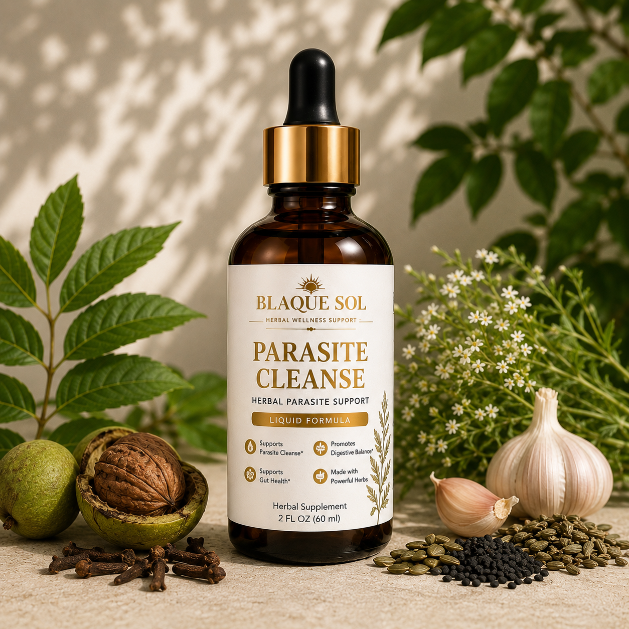 Blaque Sol Parasite Cleanse herbal supplement with white decorative botanical background