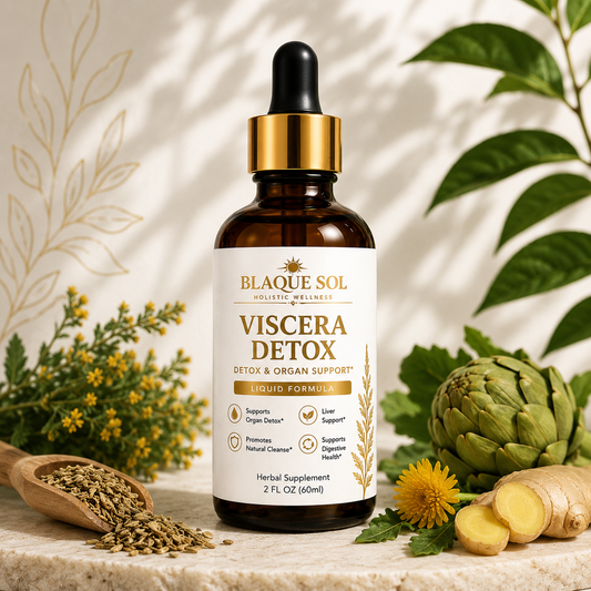 Blaque Sol Viscera Detox herbal supplement with gold lettering and white decorative background