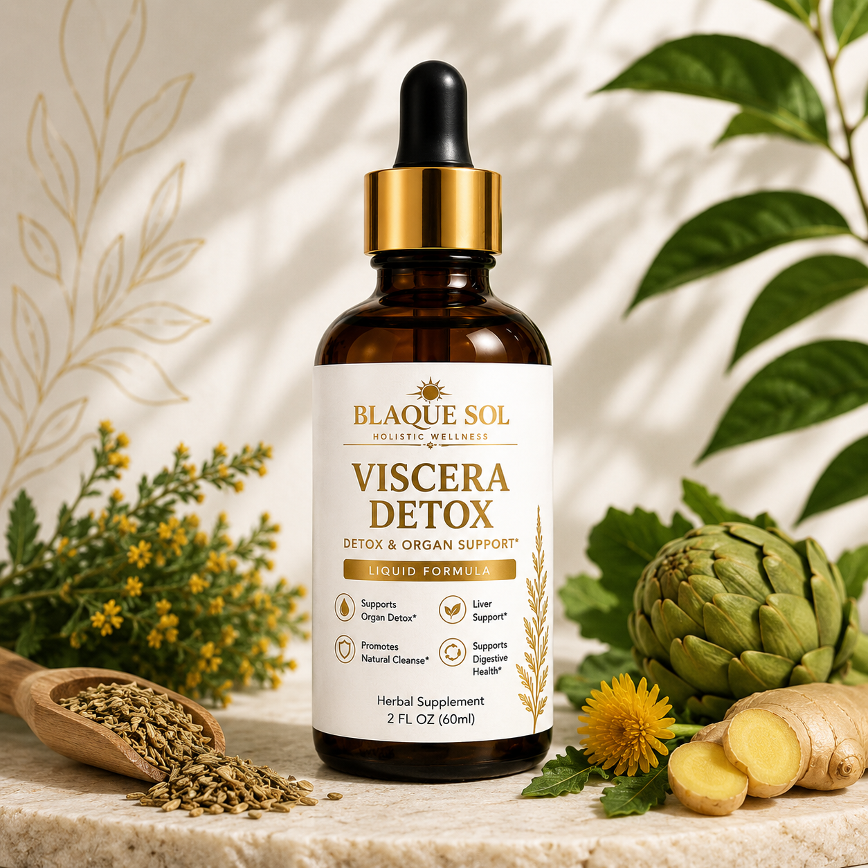 Blaque Sol Viscera Detox herbal supplement with gold lettering and white decorative background