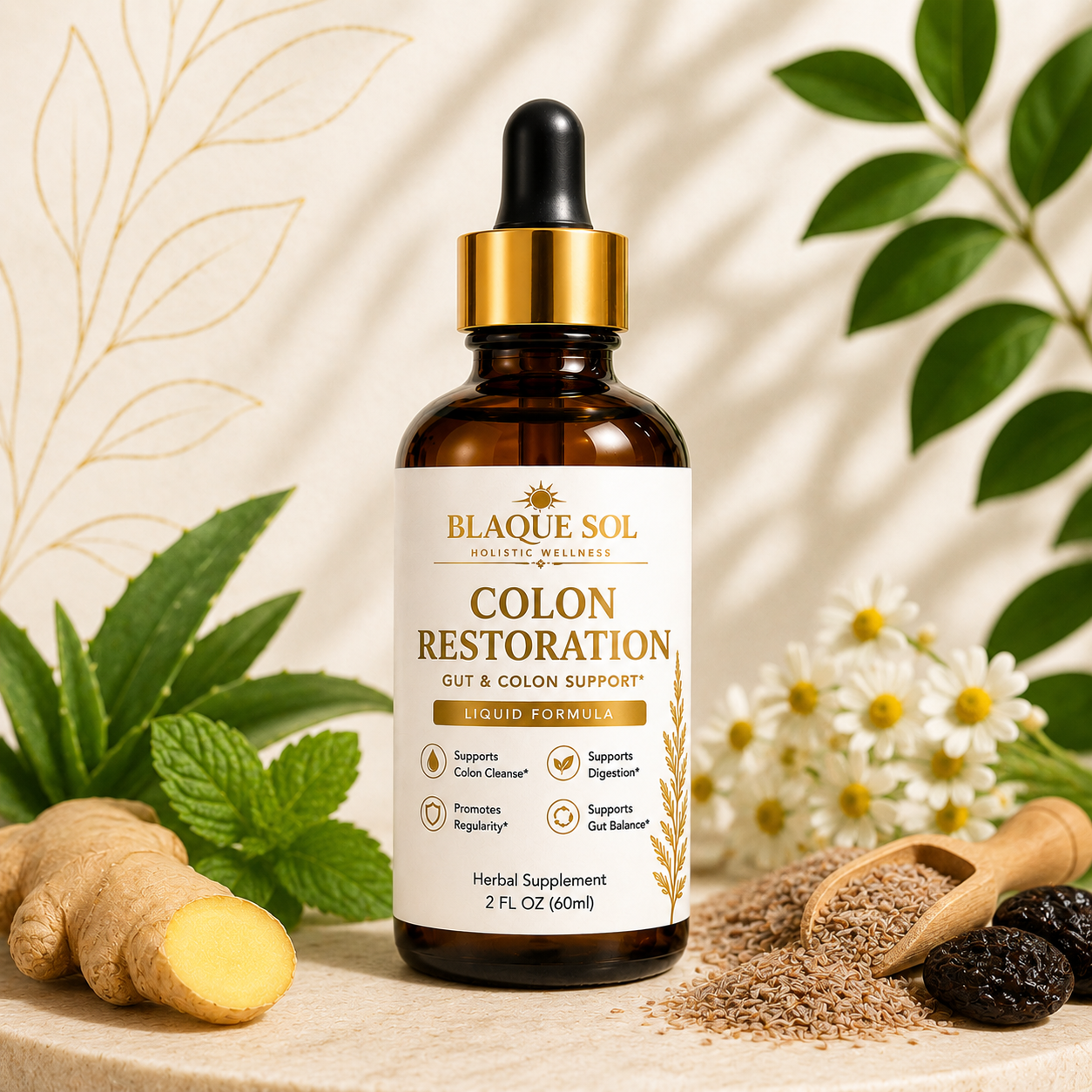 Blaque Sol Colon Restoration herbal supplement with gold lettering and white decorative botanical background