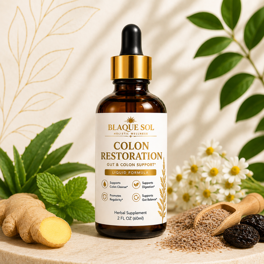 Blaque Sol Colon Restoration herbal supplement with gold lettering and white decorative botanical background