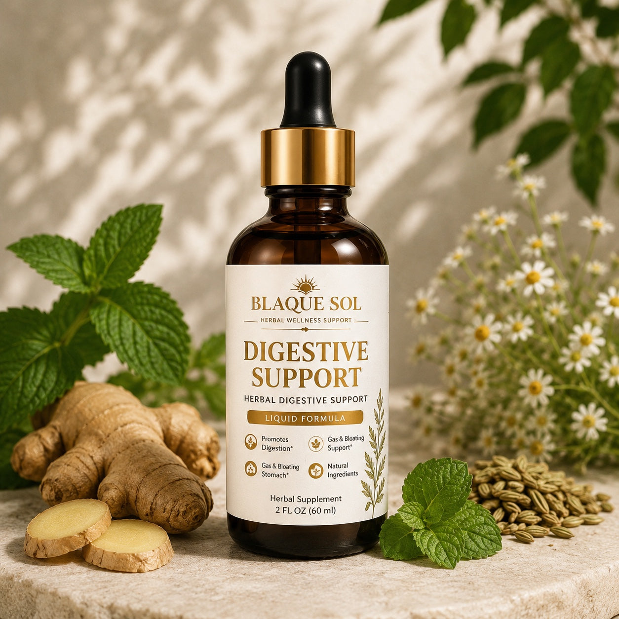 Blaque Sol Digestive Support herbal supplement with white decorative botanical background