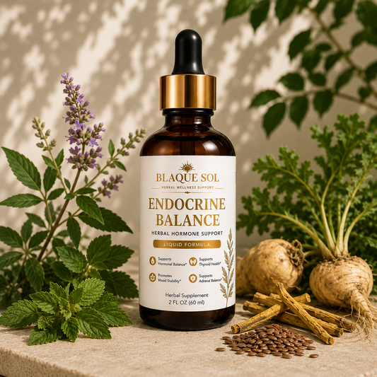 Blaque Sol Endocrine Balance herbal supplement with white decorative botanical background