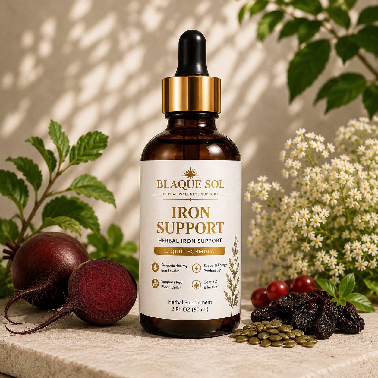 Blaque Sol Iron Support herbal supplement with white decorative botanical background