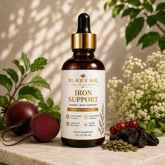 Blaque Sol Iron Support herbal supplement with white decorative botanical background