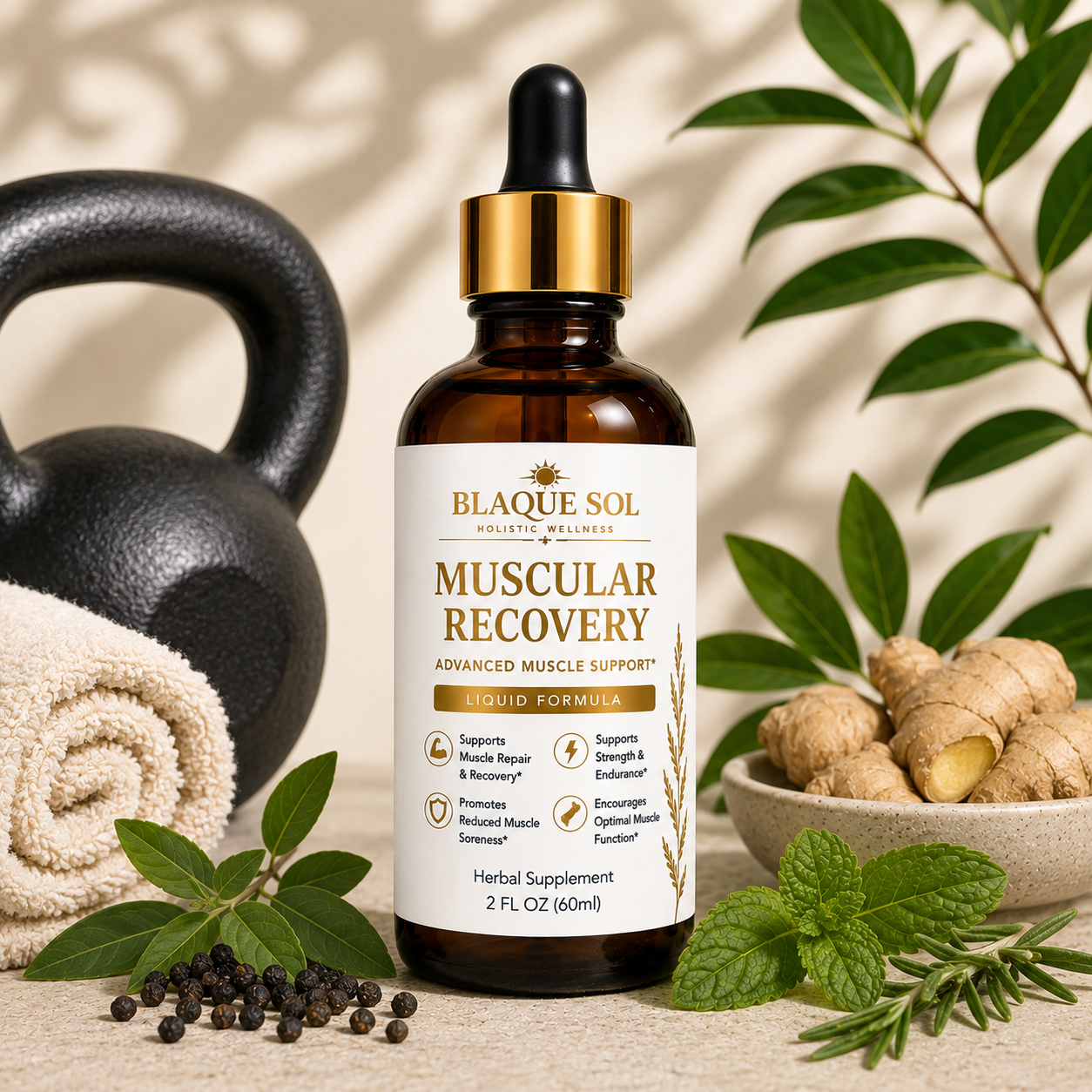 Blaque Sol Muscular Recovery product image with white decorative background