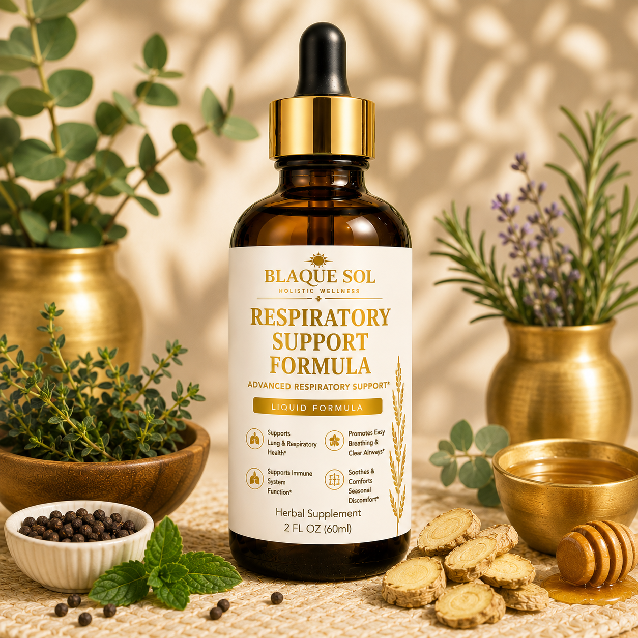 Blaque Sol Respiratory Support Formula product image with gold decorative background