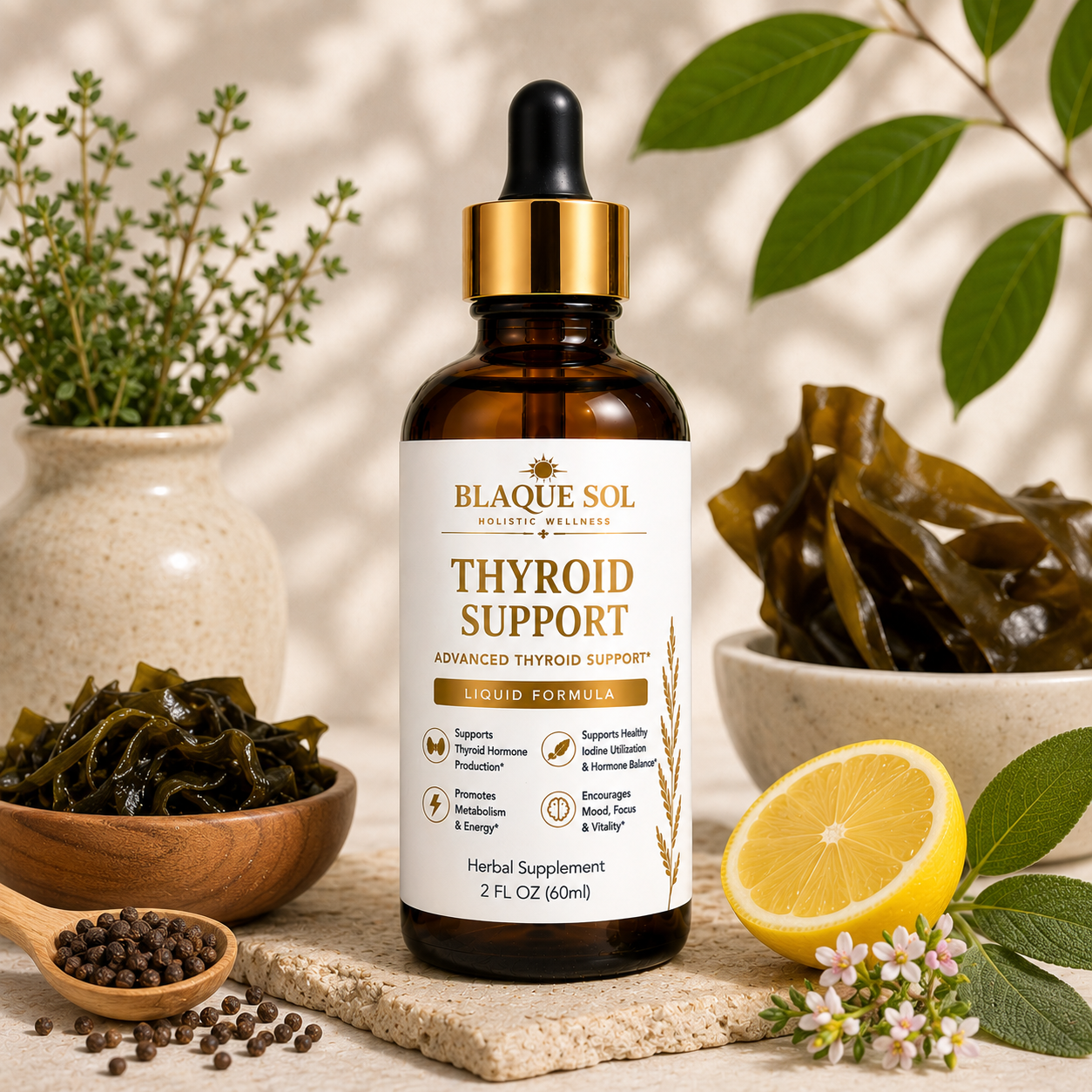 Blaque Sol Thyroid Support product image with white decorative background